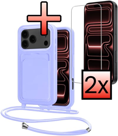 Hoes Geschikt voor iPhone 17 Pro Hoesje Pasjeshouder Cover Met Koord Case Siliconen Hoes Met Telefoonkoord en Kaarthouder Met 2x Screenprotector - Lila