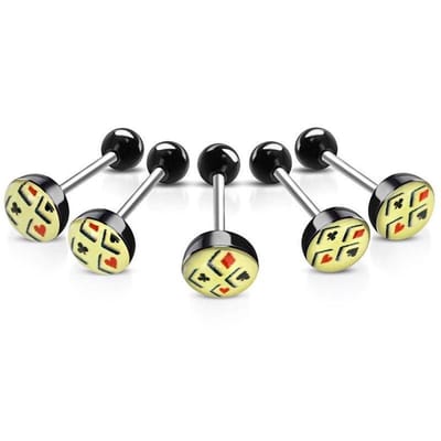 Aramat Jewels | Tongpiercings | Stalen tongpiercing met acryl logo | Kaart-symbolen | |7mm | Staal | Volwassenen | Verkleurd niet