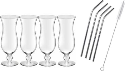 4x Cocktailglazen / Blue Hawaii glazen transparant 440 ml - Inclusief 4x RVS herbruikbare rietjes