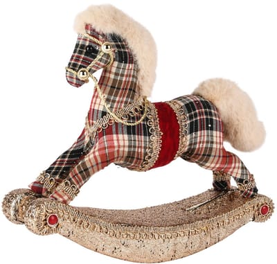 Dekoratief | Schommelpaard geruit, rood/goud, stof, 29x9x26cm | A255351