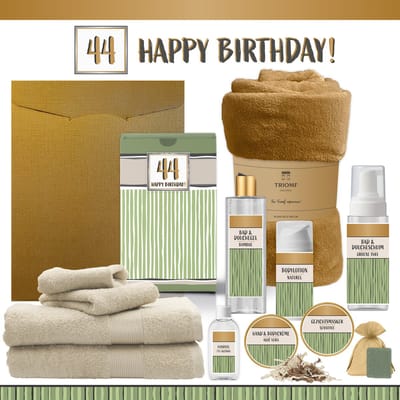 Geschenkset “44 Happy Birthday!” - 12 producten - 1910 gram | Triomf Groene Strepen - Giftset voor haar hem Vierenveertig Cadeau Luxe Wellness Pakket Vrouw Man Speciaal Cadeaupakket Geschenk Verjaardag pakket Gift Set Giftset Goud Beige