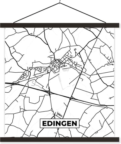 Posterhanger incl. Poster 60x60 cm - Schoolplaat - België – Edingen – Stadskaart – Kaart – Zwart Wit – Plattegrond - Textielposter - Zwarte latten - Stadskaart