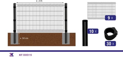 KIT 35 draadpaneel + palen en klemmen, lengte 18m, hoogte 123cm, kleur zwart RAL 9005