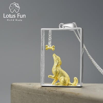 Lotus Fun Véritable Argent Sterling 925 Pendentif en Forme de Rectangle Chien Teckel et Os Bijoux Chaînes et Collier pour Femmes gray