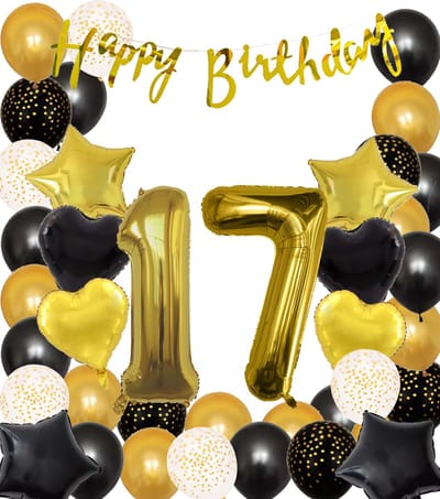 Snoes Ballonnen 17 Jaar Black Gold Dots Mega Ballon - Compleet Feestpakket Goud Zwart Stippen Cijferballon 17 - Verjaardag Versiering DIY Slinger Happy Birthday – Folieballon – Latex Ballonnen - Helium Ballonnen