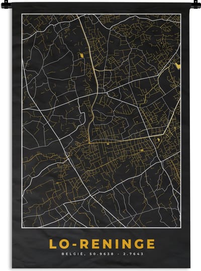 Wandkleed - Wanddoek - Kaart - Lo-Reninge - Zwart - Stadskaart - Plattegrond - 120x180 cm - Wandtapijt