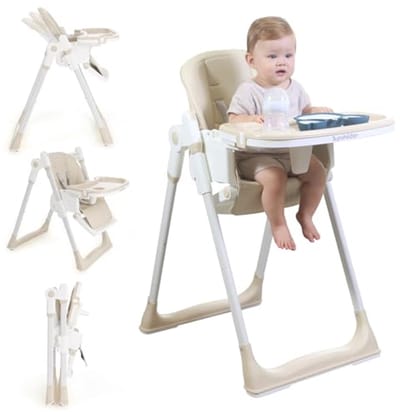 Sunchildor 3-in-1 babystoel met wielen, verstelbaar 5-punts harnas, dienblad, voetsteun, rugleuning en zithoogte, opvouwbare kinderstoel voor peuters, beige