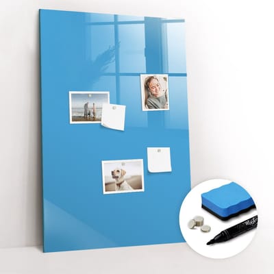 Tulup Whitebord - Kleur Blauw Magneetbord - 60 cm x 90 cm - Foto Magneetbord - Moderne Wanddecoratie - Magnetisch Bord Kind - Notitiebord Werkplek - Gratis 5 Sterke Magneten + Whiteboard Marker & Wisser - Memobord Glas - Memo Bord