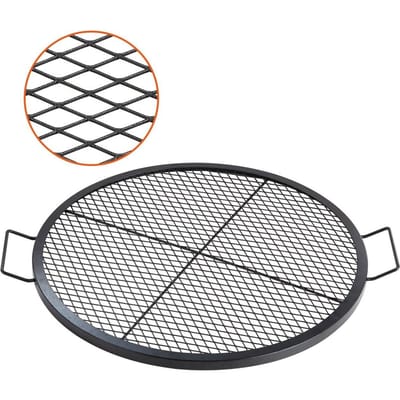 Grille de foyer X-Marks, Grille de cuisson ronde, Grille de barbecue de camping robuste en acier avec poignée et support en fil X, Ustensile de cuisine portable pour camping