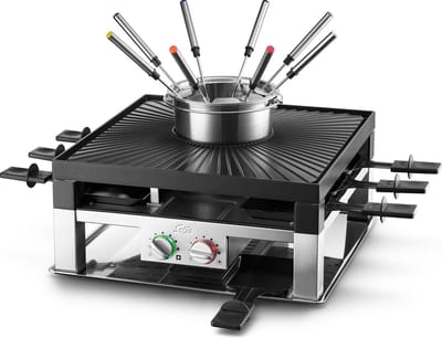 Solis Combi Tafelgrill 3 in 1 796 Gourmetstel 8 Personen - Fondue, Raclette & Grill - Fondueset - Anti Aanbaklaag - 1.3L Fonduepan - Zilver/Zwart