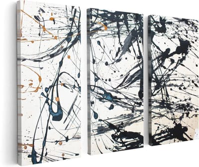 Artaza Canvas Schilderij Drieluik Abstracte Kunst van Zwarte Verf - 120x80 cm - Wanddecoratie Woonkamer - Schilderijen - Muurdecoratie