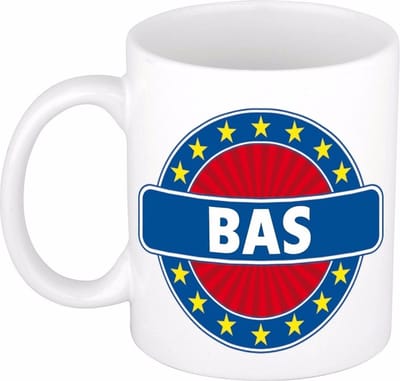 Bellatio Decorations - Bas voornaam - koffiemok - beker - wit/blauw - 300 ml - Cadeau - Heren - Collega - Vaderdag - Verjaardag