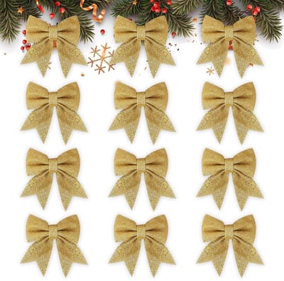 12 stuks kerststrikken, goud glitter linten voor kerstboom, strik in boogvorm, kerstboomversiering voor kerstfeest, kerstkrans, kerstboom, 15x12cm