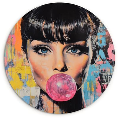 WallCircle® Wandcirkel 120x120 cm - Muurcirkel Kauwgom - Vrouw - Penseelstreken - Modern - Muurdecoratie woonkamer - Wanddecoratie slaapkamer - Kamer decoratie accessoires - Ronde schilderijen XXL