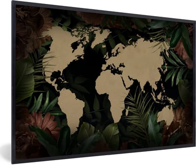 Poster in lijst - Fotolijst 120x80 cm - Posters - Wereldkaart - Bladeren - Bloemen - Posterlijst zwart - Decoratie - Wanddecoratie woonkamer - Muurdecoratie slaapkamer