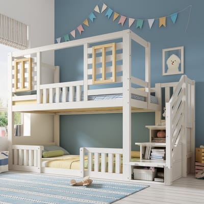 Stapelbed - 90x200 cm - Hutstijl Met Houten Ramen En Opbergtrap Met Lattenbodem - Hout - Wit