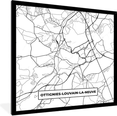 Fotolijst incl. Poster Zwart Wit- Stadskaart – Plattegrond – België – Zwart Wit – Ottignies Louvain la Neuve – Kaart - 40x40 cm - Posterlijst