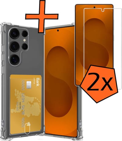 Hoes - Geschikt voor Samsung Galaxy S25 Ultra - Met 2x Screenprotector - Pashouder - Kaarthouder - Telefoon Hoesje Shockproof - Siliconen Case - Back Cover - Shock Proof - Pasjes Houder - Transparant