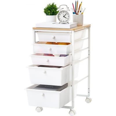 VEVOR Rolwagen met 5 Lades, Verrijdbare Container 400x330x635mm, Wit, Metalen Frame, Houten Tafelblad, Handgrepen, Zwenkwielen met 2 Remmen, Opbergwagen voor Kantoor, Hobbykamer, Slaapkamer