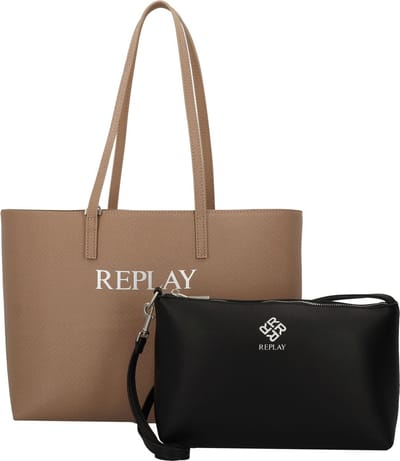REPLAY Schoudertas Shopper Dirty Pale Beige + Black Lichtbruin