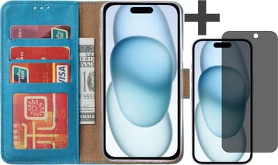 Hoesje met Privacy Screenprotector Geschikt voor iPhone 15 Plus – Arara bookcase met pasjeshouder - Blauw
