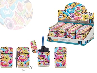 Stormaanstekers Jet Flame - turbo aansteker - 20 stuks in display - 360° Happy print - soft touch