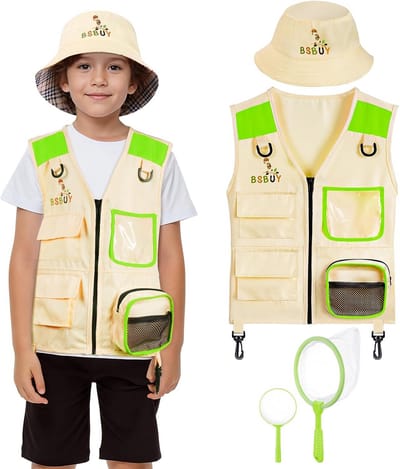Examination Set for Children, 4 Pieces, Exploration Toy with Cargo Vest, Hat, Insect Net and Magnifier, Outdoor Toy for Nature Exploration, Camping, Researcher, Safari Costume