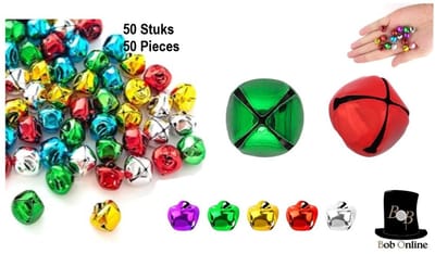 Bob Online™ - 50 Stukken – 6 Assorti Kleuren – Mini Jingle Bells – Mini Decoratieve DIY Belletjes – Kerst Decoratieve Mini Belletjes – Mini Kleurrijke Knutselbelletjes - Naai-projecten, Kerstversieringen – Afmeting (L) 8mm x (B) 7mm met 1.5mm Gaatje