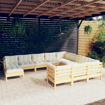vidaXL - 11-delige - Loungeset - met - crèmekleurige - kussens - grenenhout