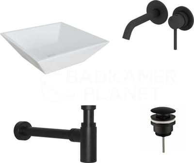 KERAMISCHE WASKOMSET TRENTO MAT ZWART INBOUWKRAAN 38,5X38,5X12 CM
