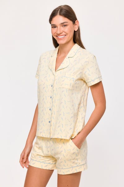 Woody Meisjes-Dames Pyjama gele lavendel print - maat 128/8J