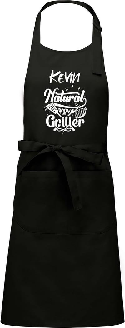 Keukenschort - Barbecue schort - Zwart - (naam) Natural Born Griller - met voornaam naar keuze - 76 x 90 cm - Verjaardags cadeau - BBQ