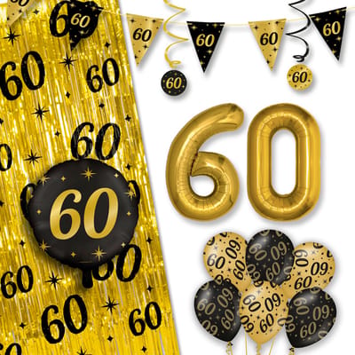 LUQ – All-Out Glam Set 60 Jaar – Zwart-Goud Verjaardag Decor – Luxe Feestpakket Ballonnen-Slingers-Vlaggenlijn-Gordijn