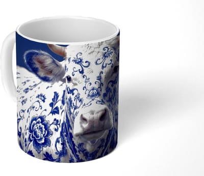 Mok - Koffiemok - Koe - Delfts - Blauw - Artistiek - Mokken - 350 ML - Beker - Koffiemokken - Theemok