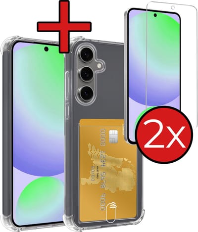 Hoesje - Geschikt voor Samsung Galaxy S24 FE - Met 2x Screenprotector - Pashouder - Kaarthouder - Back Cover - Telefoon Hoes Shockproof - Siliconen Case - Shock Proof - Pasjes Houder - Telefoonhoes - Transparant
