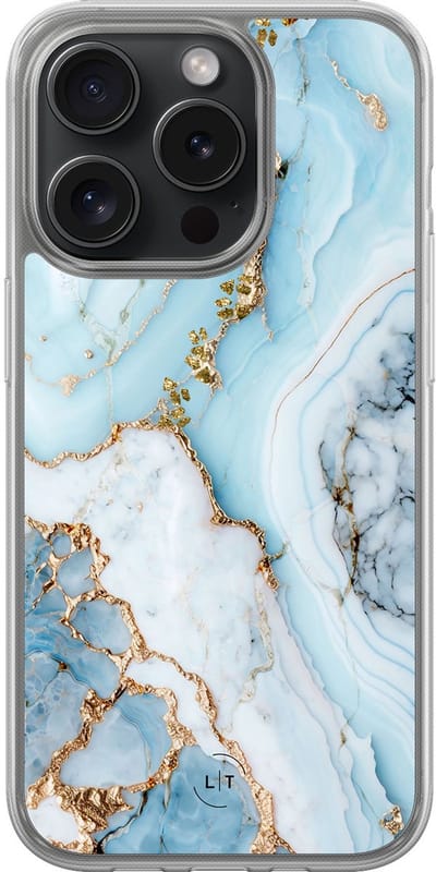 Hoesje geschikt voor iPhone 15 Pro - Marmer babyblauw - 2in1 backcover - Marmer - Blauw - Leuke Telefoonhoesjes