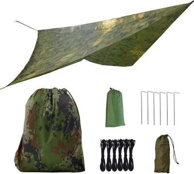 Waterdicht 3 x 3 m Tent Tarp Shelter voor Hangmat - Regenbescherming - Zonwering - Ultralicht - UV-bescherming - Zonnezeil met Oogjes - Haringen en Touwen - Picknick - Reizen