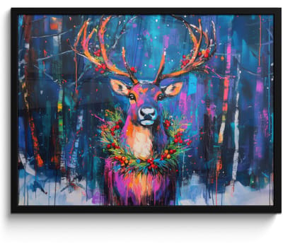 Poster in lijst - Fotolijst 70x50 cm - Posters - Rendier - Krans - Sprookjesachtig - Blauw - Posterlijst zwart - Decoratie - Wanddecoratie woonkamer - Muurdecoratie slaapkamer