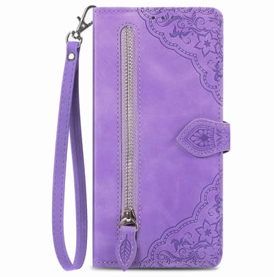 Telefoonhoesje geschikt voor Samsung Galaxy A36 5G / A56 5G - Portemonnee met rits - book-case hoesje - ruimte voor 7 pasjes - mandala bloemen paars