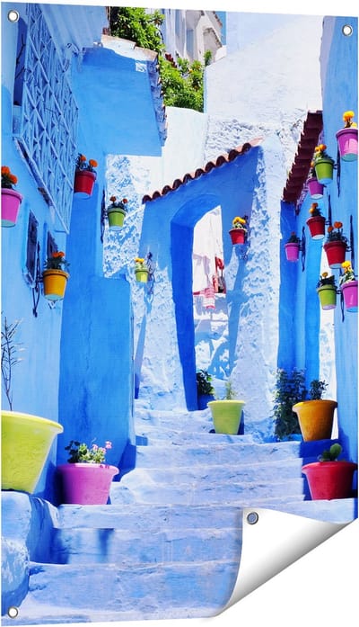 Gards Tuinposter Blauwe Huizen met Bloempotten in Chefchaouen, Marokko - 60x90 cm - Tuindoek - Tuindecoratie - Wanddecoratie buiten - Tuinschilderij