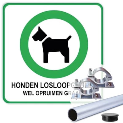 Bord honden losloopgebied 40x40 cm - Bevestiging: Met paal 150 cm + paalbeugels + paaldop
