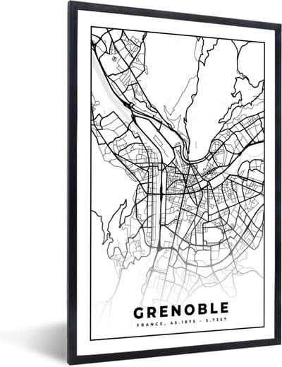 Fotolijst incl. Poster Zwart Wit- Stadskaart - Plattegrond - Grenoble - Kaart - Frankrijk - Zwart wit - 40x60 cm - Posterlijst