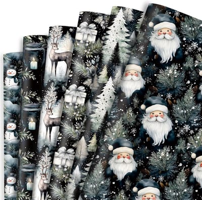 Kerst inpakpapier - Cadeaupapier Vellen - Geschenken Verpakken - 6 Aquarel Ontwerpen - 50 x 65 cm - Zwart