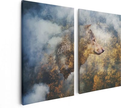 Artaza Canvas Schilderij Tweeluik Wolvenkop Op Een Herfstbos - Wolf - Abstract - 80x60 - Foto Op Canvas - Canvas Print