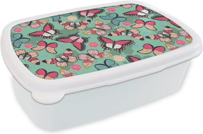 Broodtrommel Wit - Lunchbox - Brooddoos - Vlinders - Patronen - Lente - 18x12x6 cm - Volwassenen