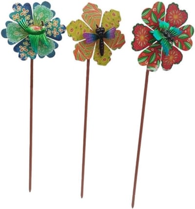 Metalen Vazen - Tuindecoratie Windmolens - Buitenruimte Opfleuren - Draaibaar Bloem Design - 3 Delige Set - Kleurrijk