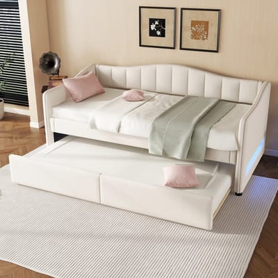 MODFU Bedframe 90x200 cm – linnen en MDF beige – met uitschuifbaar rolbed en LED-hoofdbord – dagbed met logeerfunctie
