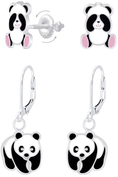 Joy|S - Zilveren Panda oorbellen set - 2 paar - leverback sluiting - screwback sluiting
