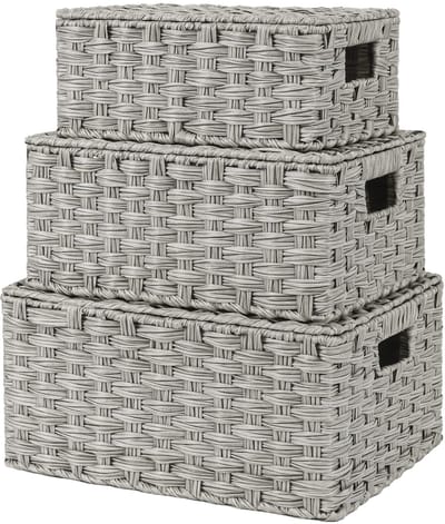 SAYS Rieten manden met deksels, set van 3 decoratieve opbergdozen, geweven mand opbergbakken, opslag en organisatormanden bakken, nesting geweven rieten opbergmand - Grijs