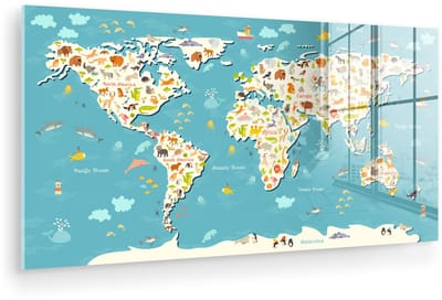 ® Glasschilderij 120x60 cm - Schilderij acrylglas - Wereldkaart Kinderen - Blauw - Dieren - Foto op glas - Muurdecoratie woonkamer - Wanddecoratie slaapkamer - Schilderijen